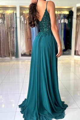 Elegant V-Neck Chiffon Aline Evening Dress Dark Green Side Slit Formal Dress with Straps_5