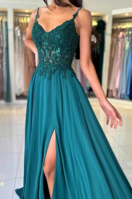 Elegant V-Neck Chiffon Aline Evening Dress Dark Green Side Slit Formal Dress with Straps_4