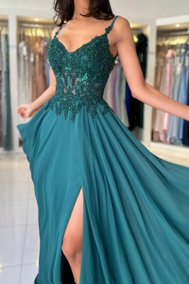 Elegant V-Neck Chiffon Aline Evening Dress Dark Green Side Slit Formal Dress with Straps_9