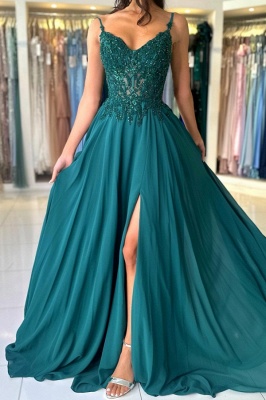 Elegant V-Neck Chiffon Aline Evening Dress Dark Green Side Slit Formal Dress with Straps_2