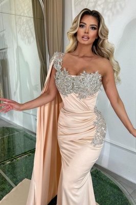 Charming One Shoulder Beadings Ruched Satin Mermaid Prom Dress with Cape_7