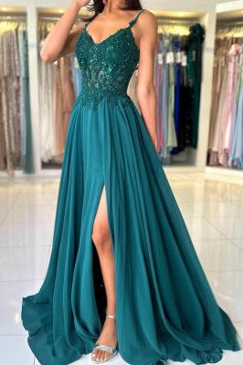 Elegant V-Neck Chiffon Aline Evening Dress Dark Green Side Slit Formal Dress with Straps_1