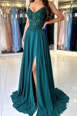 Elegant V-Neck Chiffon Aline Evening Dress Dark Green Side Slit Formal Dress with Straps_7