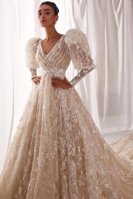 Glitter Wedding Dress with Puffy Sleees V-neck Aline Bridal Gown with Cathedral Train_2