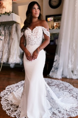 Off-the-Shoulder White Mermaid Wedding Dresses Tulle Lace Appliques Bridal Gown_1