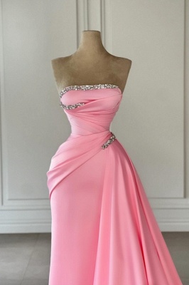 Strapless Pink Ruched Satin Floor Length Evening Party Dress Glitter_3