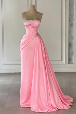 Strapless Pink Ruched Satin Floor Length Evening Party Dress Glitter_1