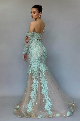 Glamorous Asymmetric Tulle Sequins Mermaid Prom Dress Lace Appliques Floor Length Dress_3