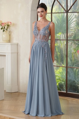 Stunning Spaghetti Straps Tulle Lace Simple Evening Dress Sleeveless A-line Appliques Formal Dress Floor Length_3