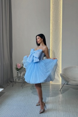 Strapless Satin Short Party Dress Big Bow-knot Knee Length Tulle Homecoming Dress_2