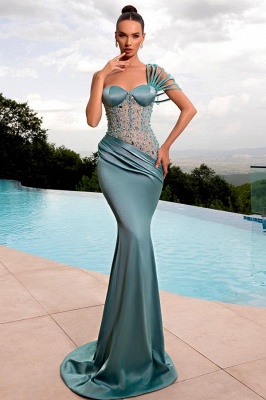 One Shoulder Sweetheart Trumpet Evening Dress Ruched Satin Long Prom Dress_2