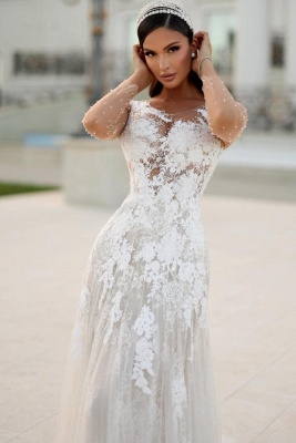 Charming Scoop Neck Beach Wedding Dresses Tulle Lace Aline Bridal Dress with Long Sleeves_2