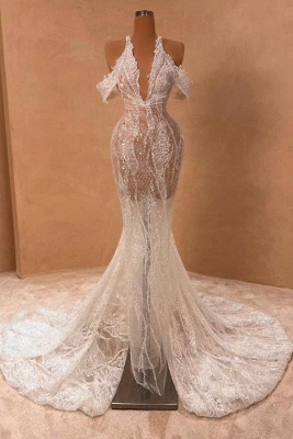 Halter Off-the-Shoulder Floral Lace Trumpet Wedding Dresses V-neck White Mermaid Bridal Gown_1