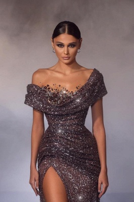 Sparkly Sequins Side Split Evening Dress Off-the-Shoulder Sheath Party Dress_2