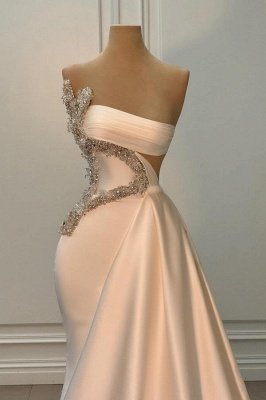 Strapless Ruched Satin Bodycon Prom Dress Glitter Crystals Floor Length Evening Gown with Sweep Train_2