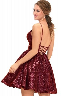 Sparkly Sequins Short Homecoming Dresses Spaghetti Straps Burgundy Party Dress_2