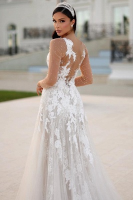 Charming Scoop Neck Beach Wedding Dresses Tulle Lace Aline Bridal Dress with Long Sleeves_4