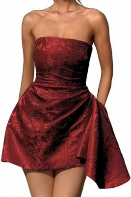 Strapless Ruched Satin Short Party Dress Sleeveless Knee Length Jacquard Homecoming Dress with Pocket_6