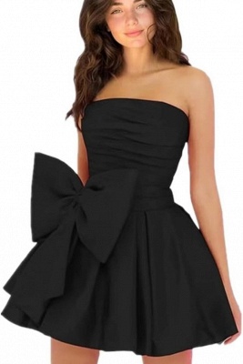 Simple Strapless Ruffle Satin Short Homecoming Dress with Bow_16