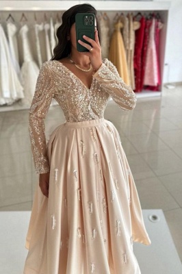 Chic V-Neck Sequins Satin Ankle Length Evening Dress Long Sleeves Beadings Glitter Formal Dress_4