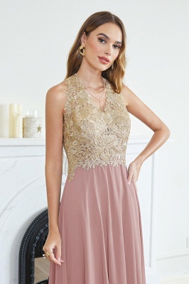 Chic Gold Appliques Aline Bridesmaid Dress Sleeveless V-Neck Chiffon Evening Dresses_5