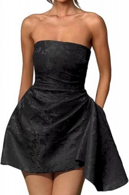 Strapless Ruched Satin Short Party Dress Sleeveless Knee Length Jacquard Homecoming Dress with Pocket_15