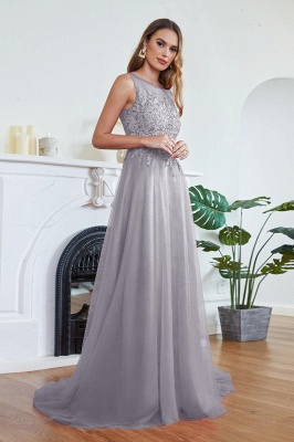 Stylish Scoop Neck Tulle Aline Evening Dress Floral Lace Long Bridesmaid Dresses Sleeveless_24