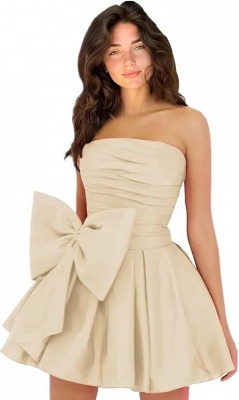 Simple Strapless Ruffle Satin Short Homecoming Dress with Bow_7