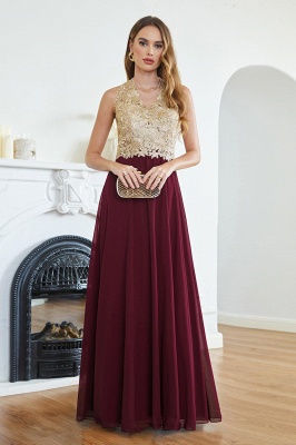 Chic Gold Appliques Aline Bridesmaid Dress Sleeveless V-Neck Chiffon Evening Dresses_2