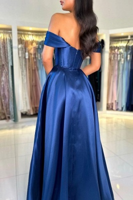 Off-the-Shoulder Royal Blue Floor Length Formal Dress Ruffle Satin Evening Dress_4