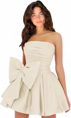 Simple Strapless Ruffle Satin Short Homecoming Dress with Bow_1