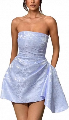 Strapless Ruched Satin Short Party Dress Sleeveless Knee Length Jacquard Homecoming Dress with Pocket_10