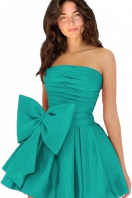 Simple Strapless Ruffle Satin Short Homecoming Dress with Bow_43