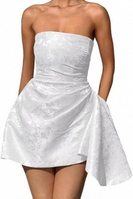 Strapless Ruched Satin Short Party Dress Sleeveless Knee Length Jacquard Homecoming Dress with Pocket_1