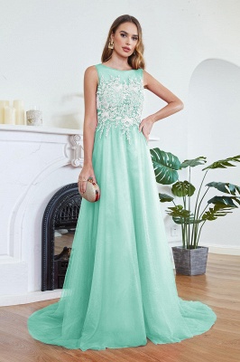 Stylish Scoop Neck Tulle Aline Evening Dress Floral Lace Long Bridesmaid Dresses Sleeveless_19