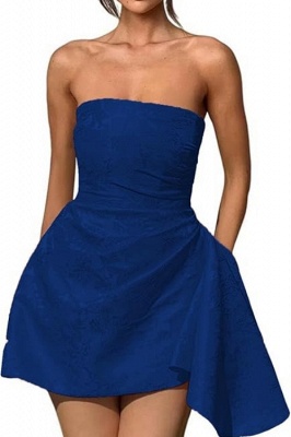 Strapless Ruched Satin Short Party Dress Sleeveless Knee Length Jacquard Homecoming Dress with Pocket_13