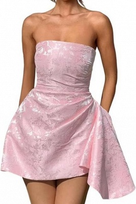 Strapless Ruched Satin Short Party Dress Sleeveless Knee Length Jacquard Homecoming Dress with Pocket_3