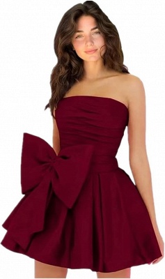 Simple Strapless Ruffle Satin Short Homecoming Dress with Bow_4