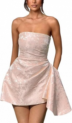 Strapless Ruched Satin Short Party Dress Sleeveless Knee Length Jacquard Homecoming Dress with Pocket_39