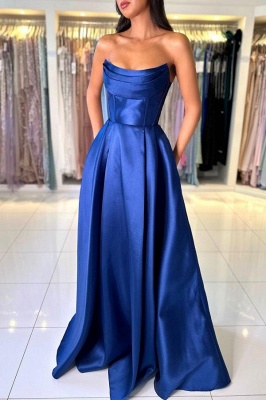 Off-the-Shoulder Royal Blue Floor Length Formal Dress Ruffle Satin Evening Dress_5