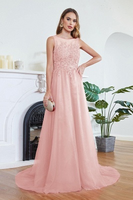 Stylish Scoop Neck Tulle Aline Evening Dress Floral Lace Long Bridesmaid Dresses Sleeveless_8