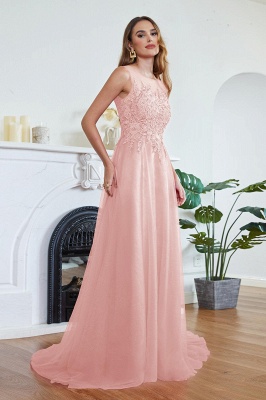 Stylish Scoop Neck Tulle Aline Evening Dress Floral Lace Long Bridesmaid Dresses Sleeveless_17