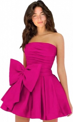 Simple Strapless Ruffle Satin Short Homecoming Dress with Bow_3