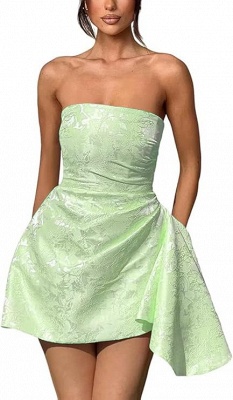 Strapless Ruched Satin Short Party Dress Sleeveless Knee Length Jacquard Homecoming Dress with Pocket_19