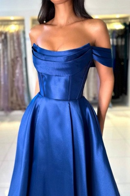 Off-the-Shoulder Royal Blue Floor Length Formal Dress Ruffle Satin Evening Dress_3