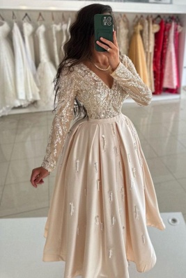 Chic V-Neck Sequins Satin Ankle Length Evening Dress Long Sleeves Beadings Glitter Formal Dress_3