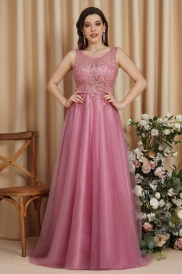 Stylish Scoop Neck Tulle Aline Evening Dress Floral Lace Long Bridesmaid Dresses Sleeveless_10