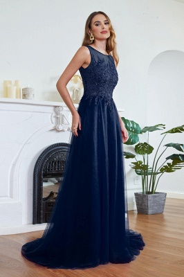 Stylish Scoop Neck Tulle Aline Evening Dress Floral Lace Long Bridesmaid Dresses Sleeveless_23