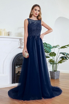 Stylish Scoop Neck Tulle Aline Evening Dress Floral Lace Long Bridesmaid Dresses Sleeveless_5