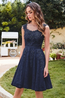 Elegant Round Neck Sleeveless Short Homecoming Dress Tulle Lace Appliques Mini Party Dress_3